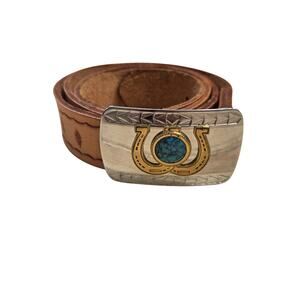 Vintage Tooled Leather Belt Silver Gold Tone Buckle Horse Shoe Handcrafted Mens